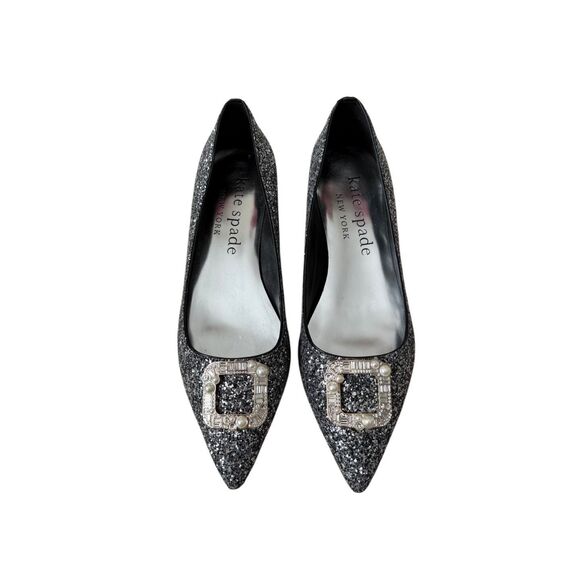 Kate Spade Buckle Up Glitter Flats Black Silver 10.5 Point Toe - Picture 2 of 9